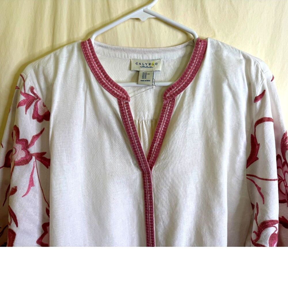 NWT Calypso St. Barth Women's White Blouse Pink Floral Embroidery Boho Size XL - Picture 3 of 11